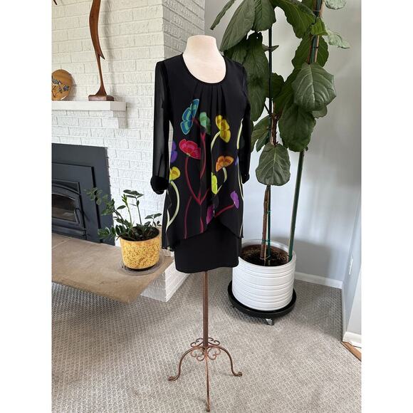 Women LS Black Floral Midi Dress 8 Boho Sheer Lined Quiet Luxury Asymmetric - Picture 1 of 13